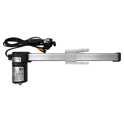 A silver-colored linear actuator for a recliner or lift chair, showing the motor unit, shaft, and attached cables.