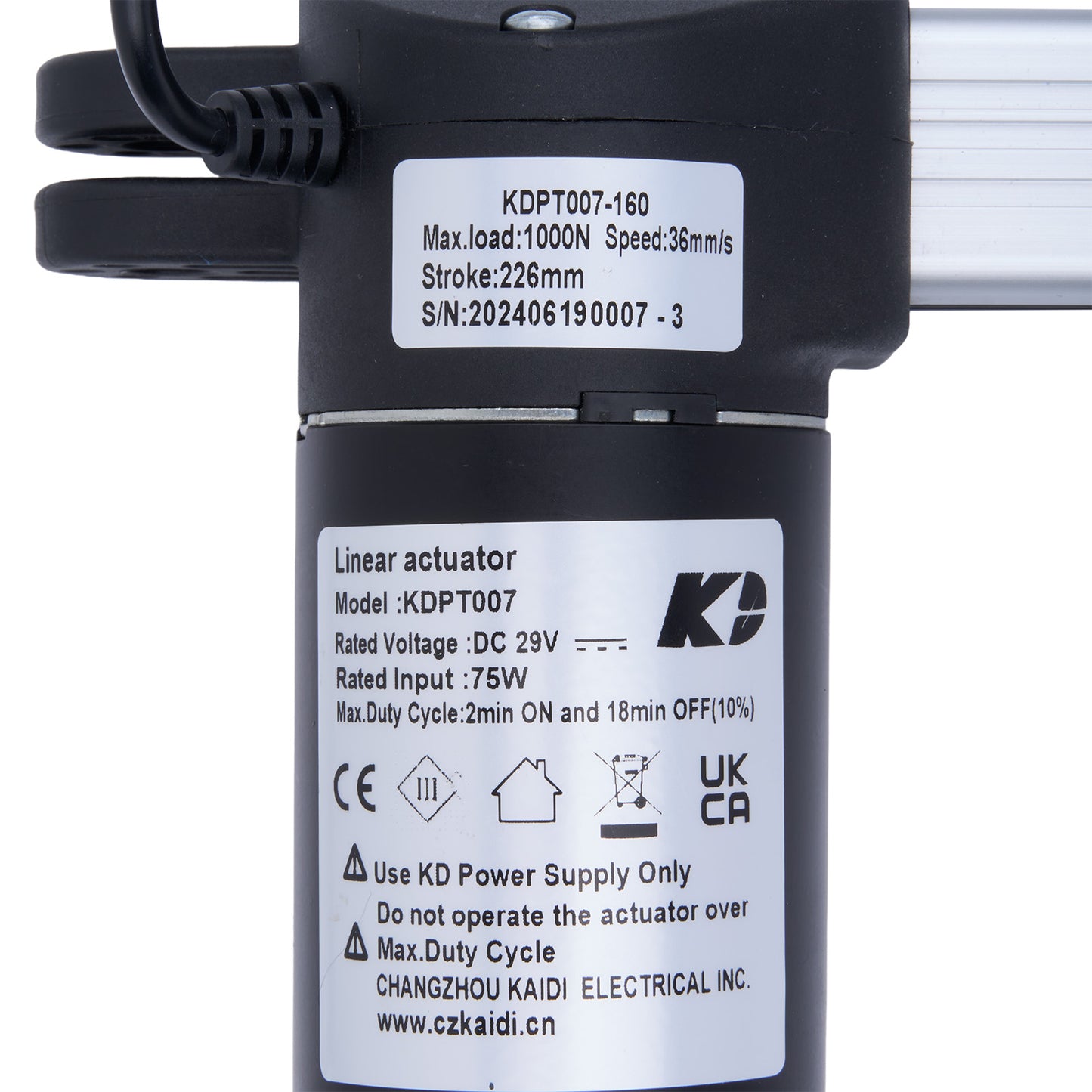 Linear actuator with specifications and branding on a white background
