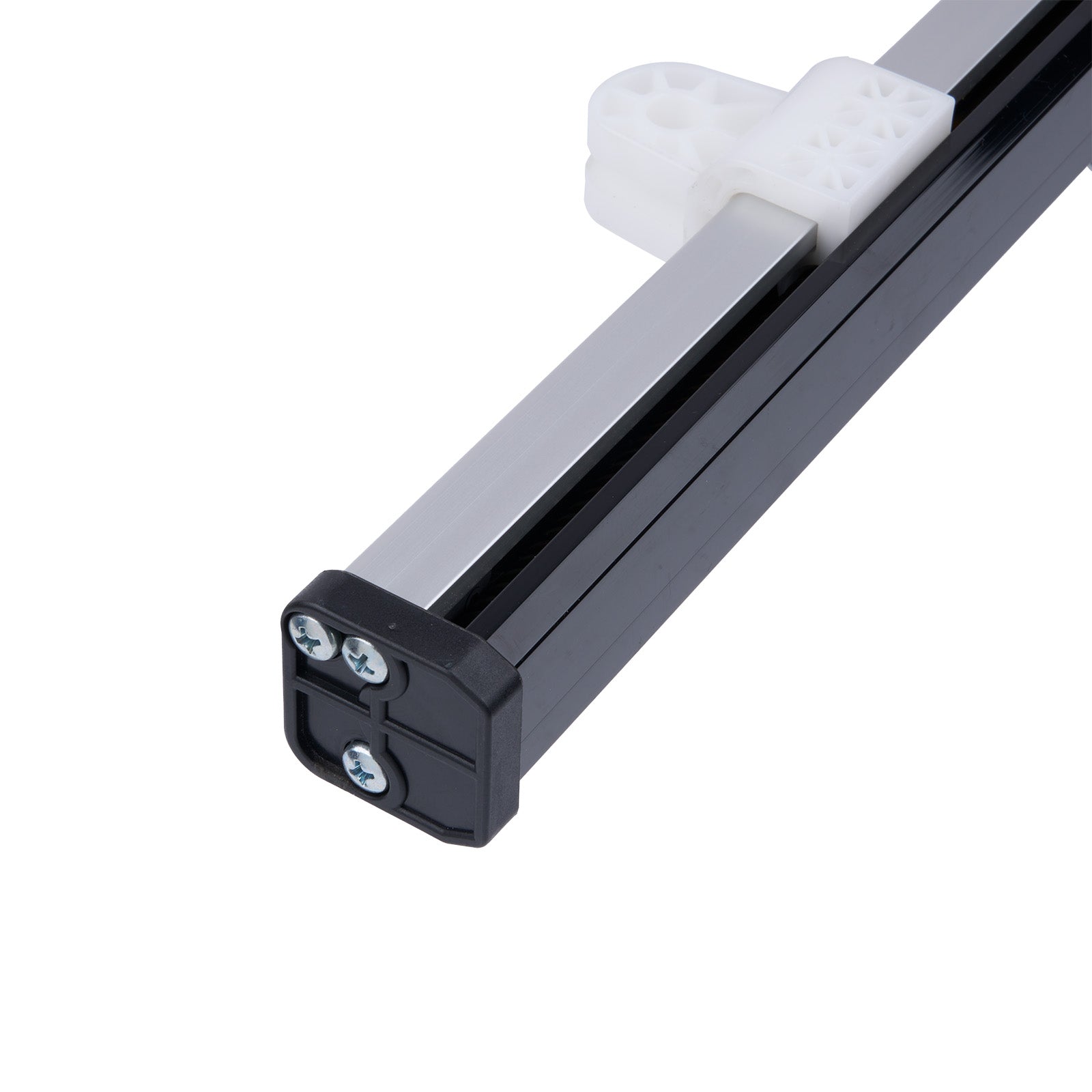 Close-up of a metal rod with a black housing and white connectors on a white background