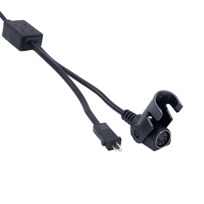 Black electrical cable with plug and connector on a white background