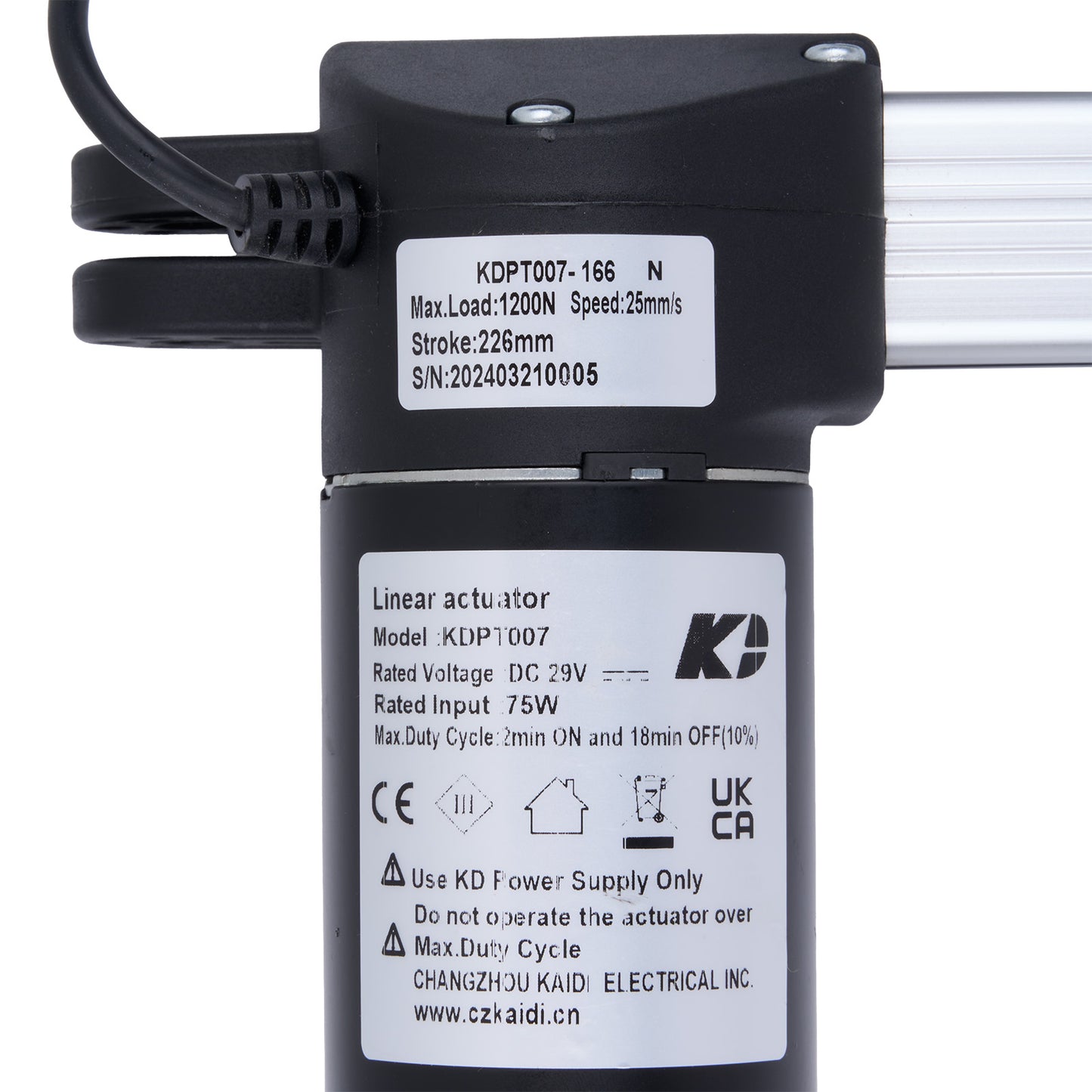 Linear actuator with specifications label on a white background