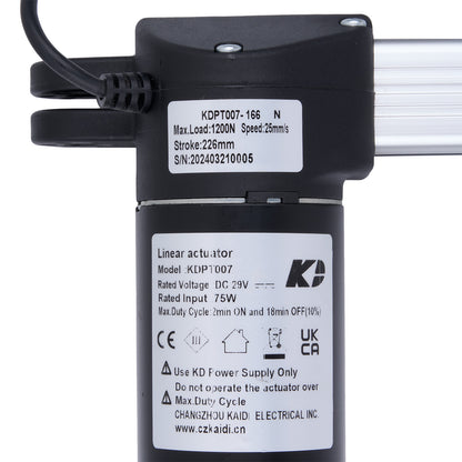 Linear actuator with specifications label on a white background