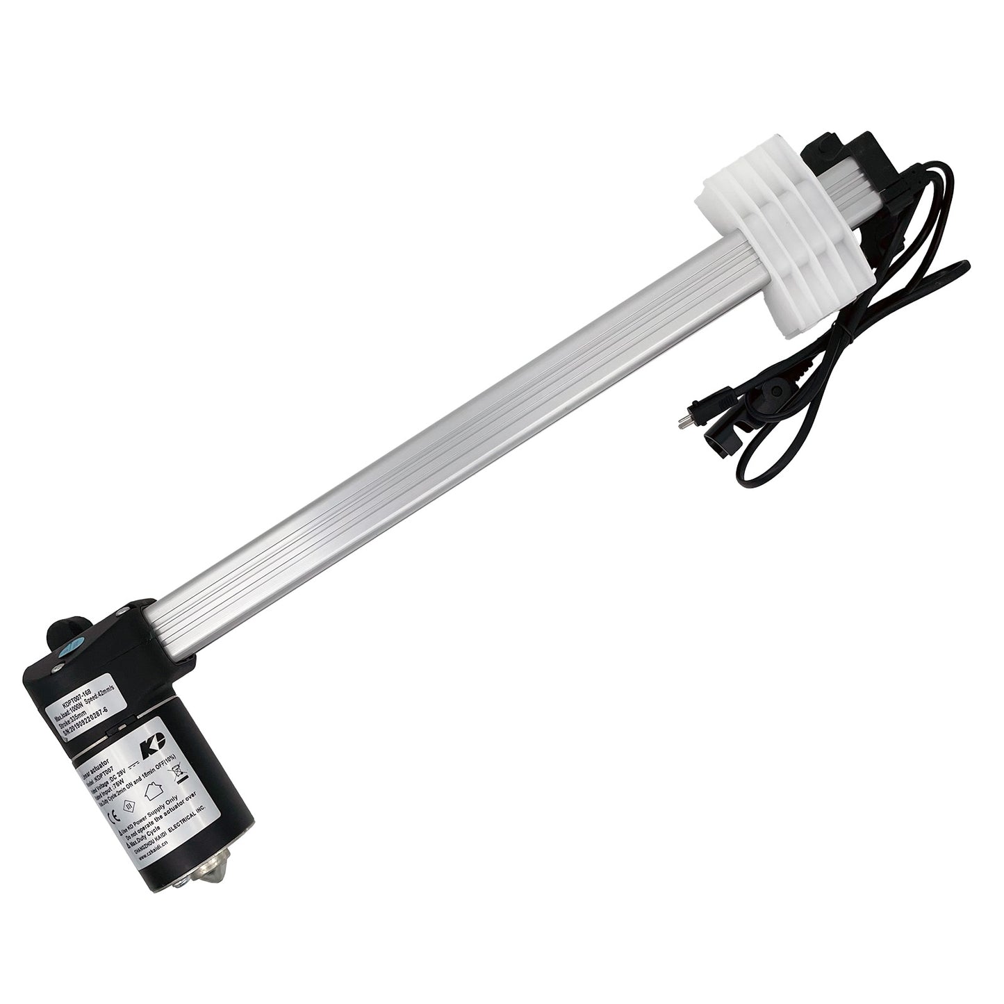 A Kaidi KDPT007-168 linear actuator with a metallic body, black motor housing, and attached electrical cables.