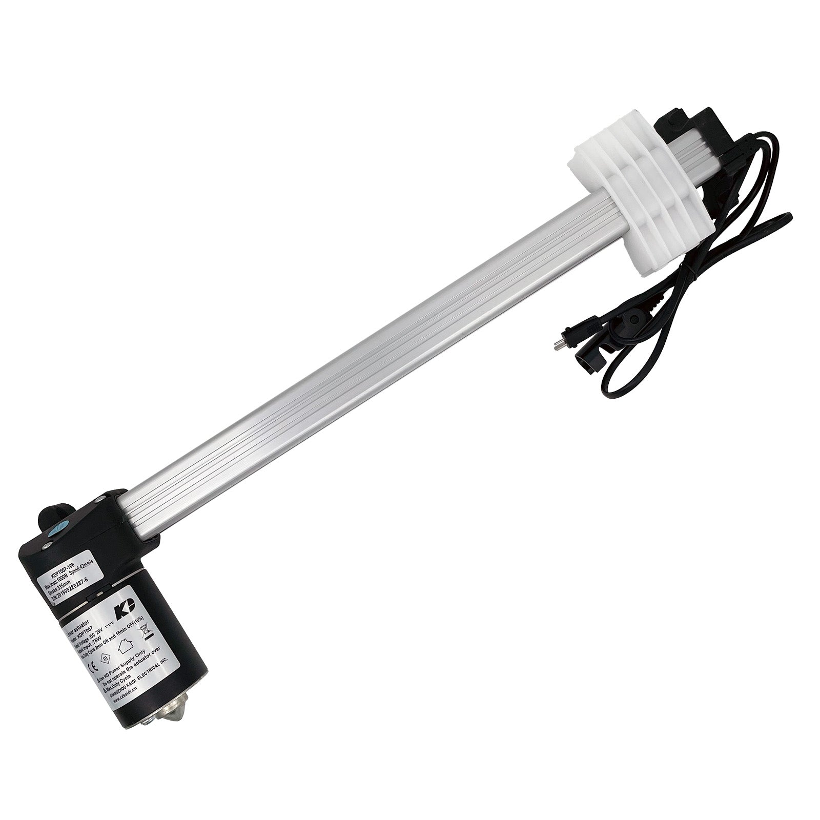 A Kaidi KDPT007-168 linear actuator with a metallic body, black motor housing, and attached electrical cables.