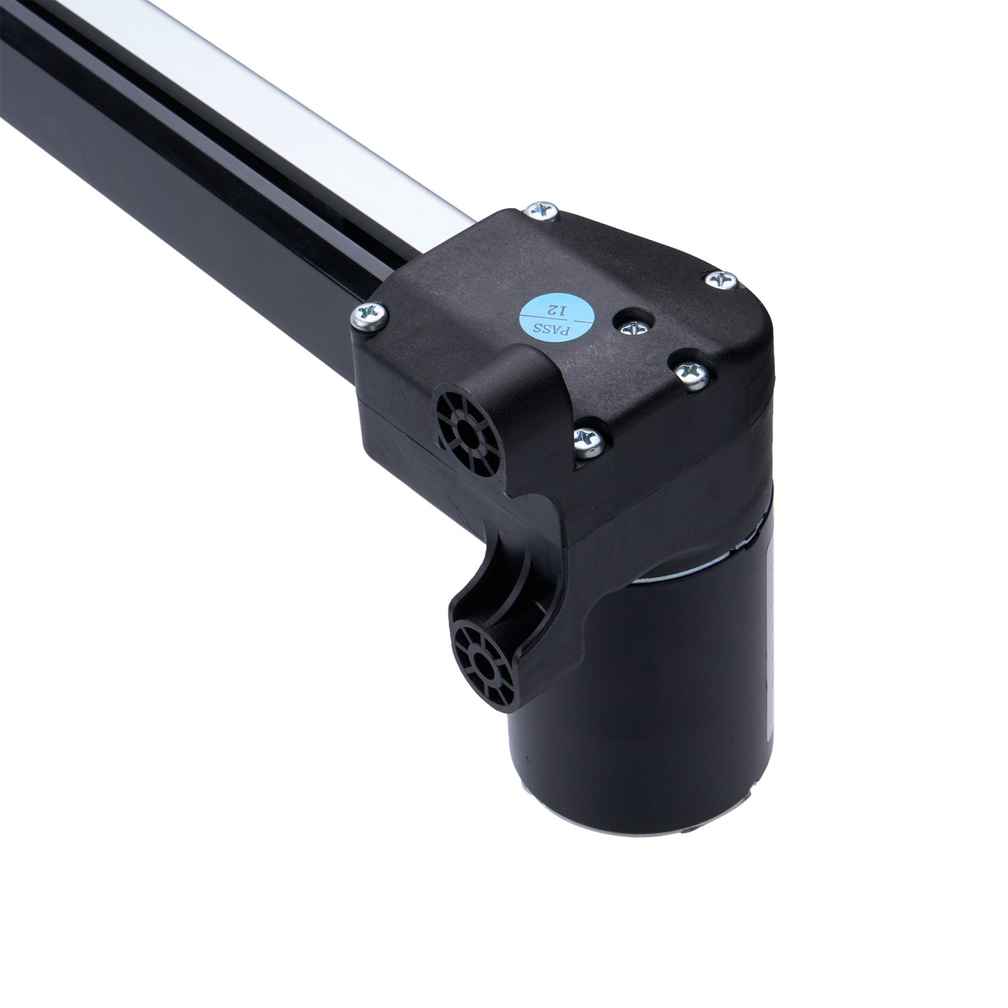 Black metal rod with cylindrical component on a white background