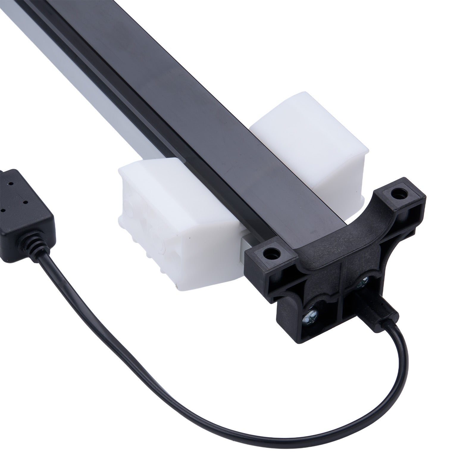 Mechanical arm with joints and a cable on a white background