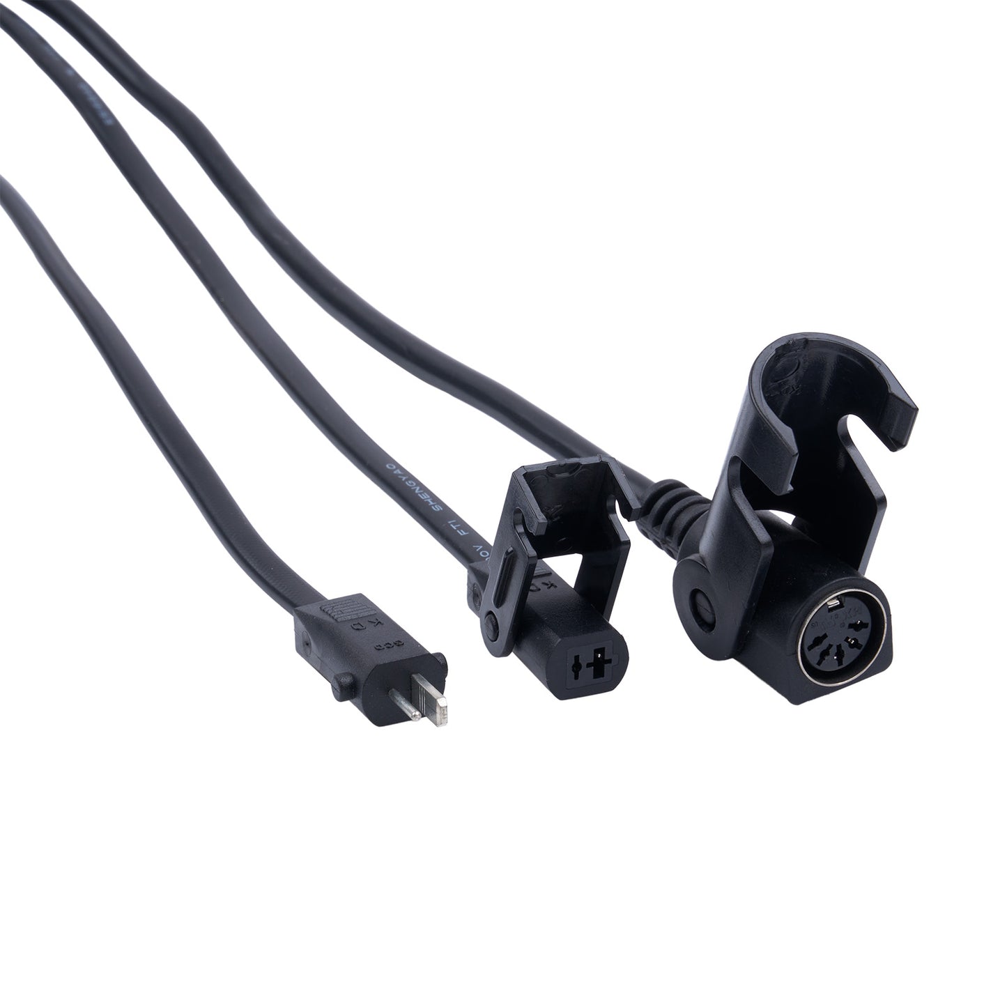 Black audio cable with connectors on a white background