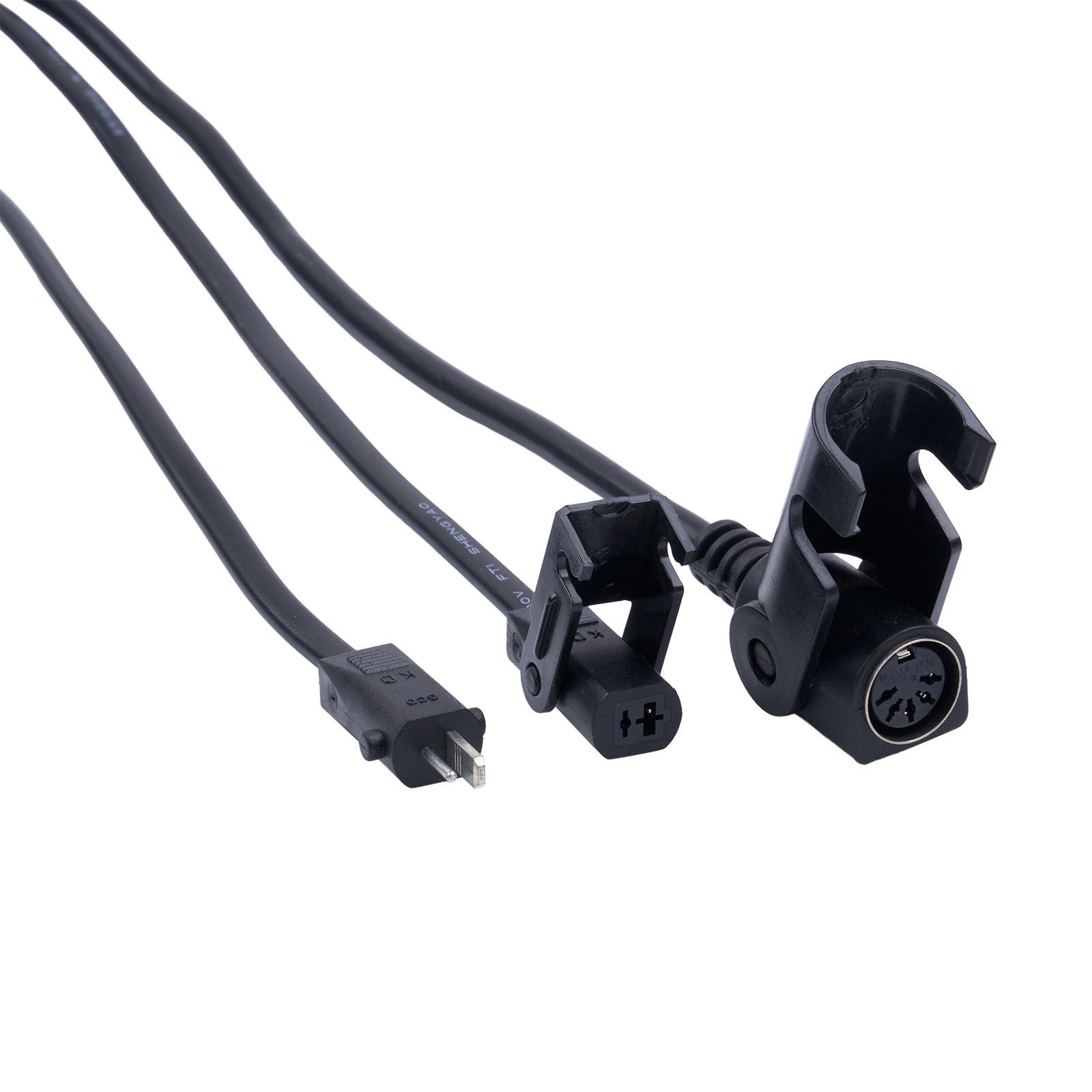 Black audio cable with connectors on a white background