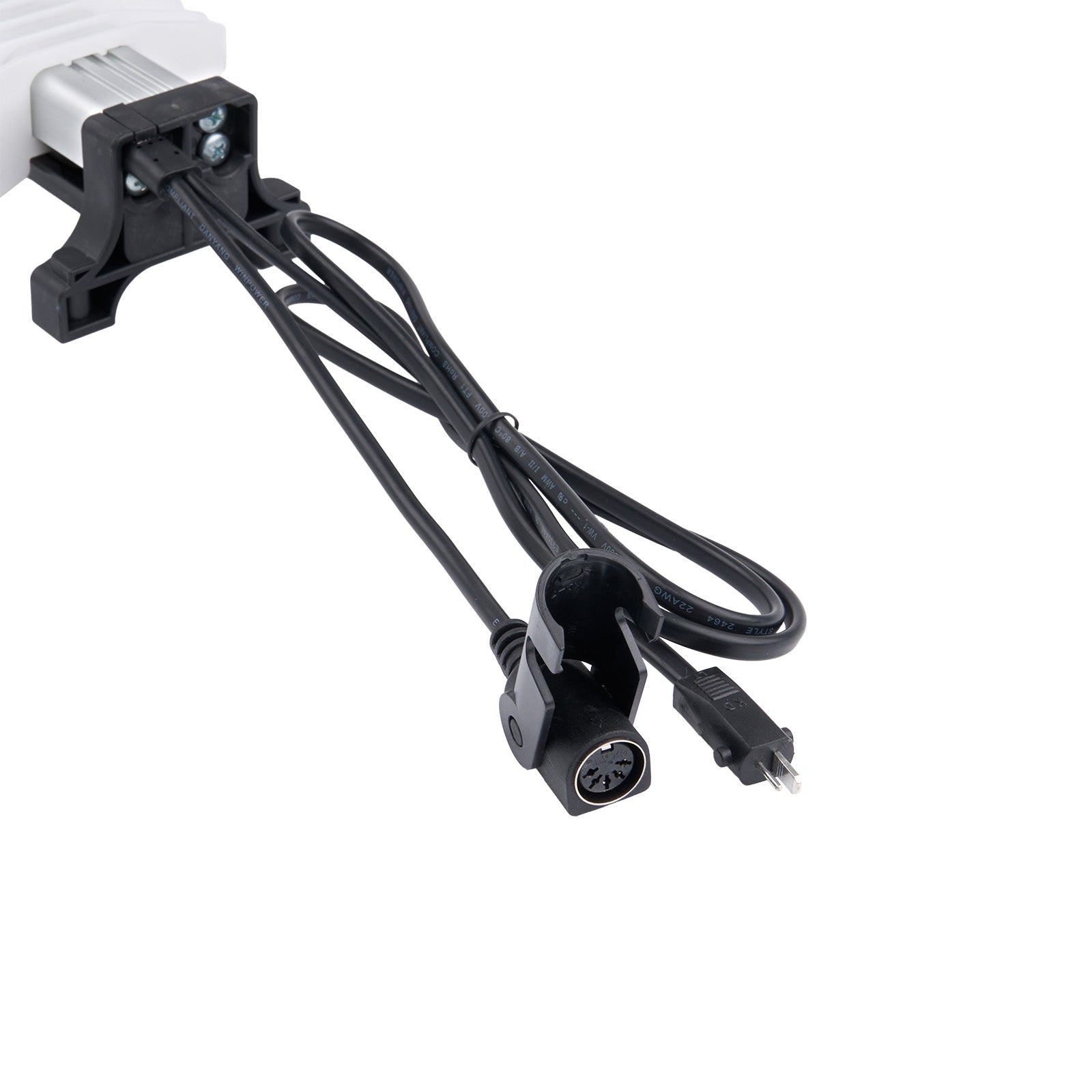 Black electrical cable with connectors on a white background