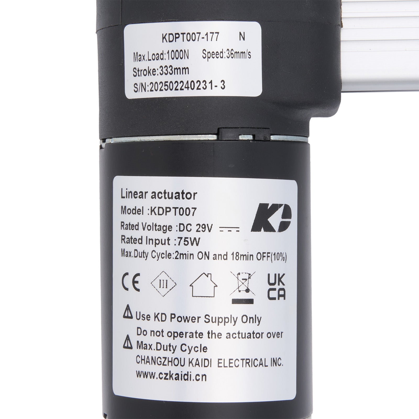 Linear actuator with specifications on a white background
