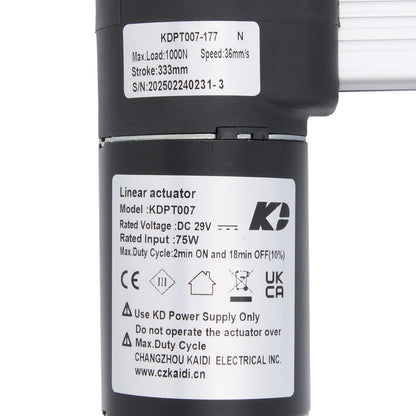Linear actuator with specifications on a white background