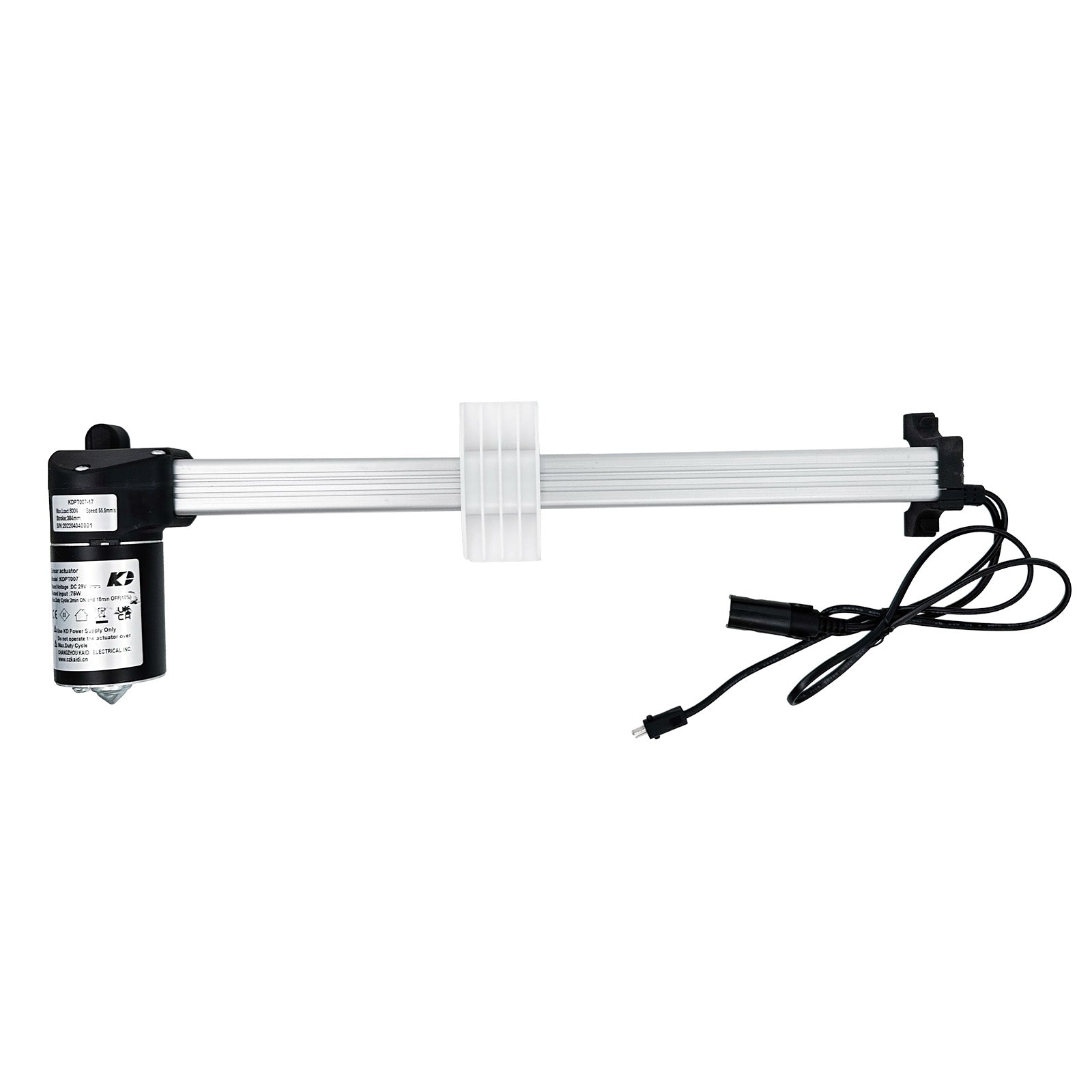 A KAIDI KDPT007-17 linear actuator, consisting of a black motor unit connected to a white shaft with a neutral color scheme, designed for use in recliner or lift chairs.