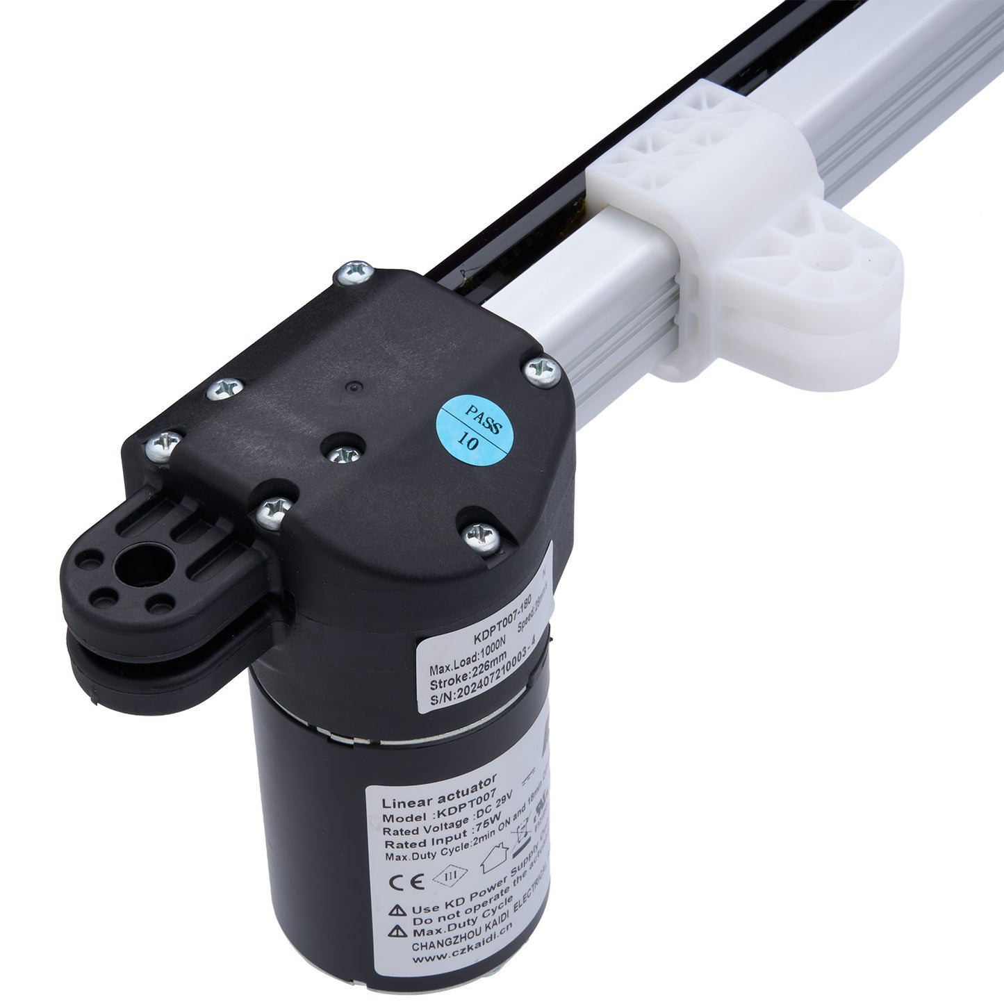 Linear actuator with visible branding and specifications on a white background
