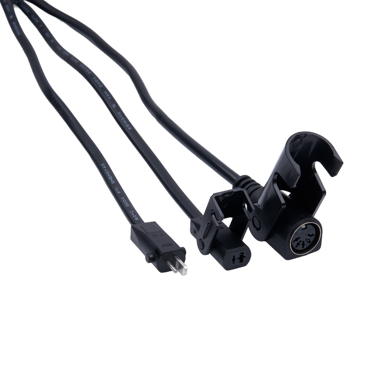 Black audio cable with connectors on a white background