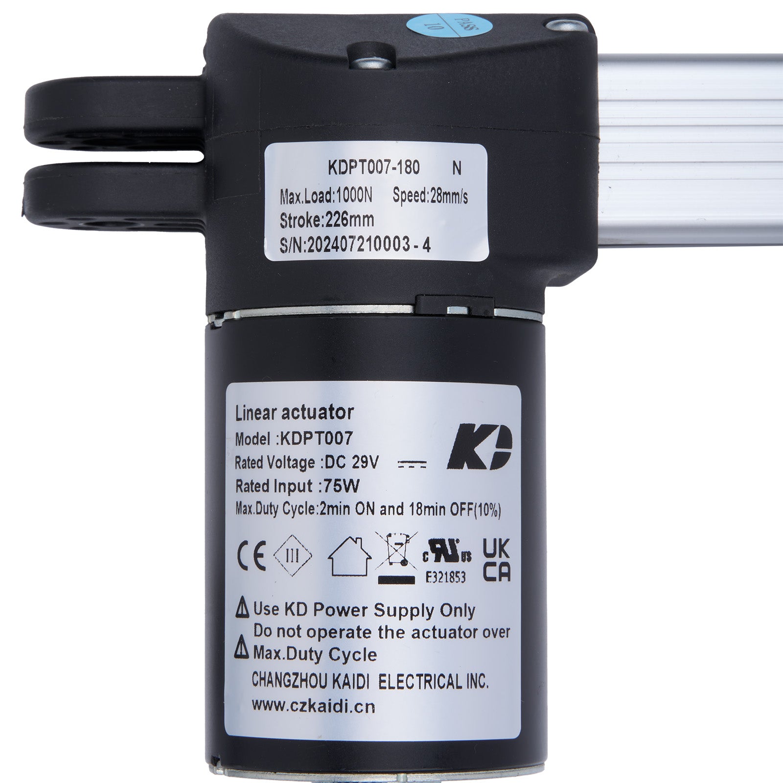 Linear actuator with specifications on a white background