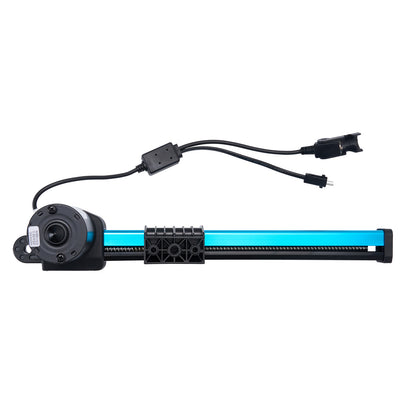 Mechanical component with blue light bar and black wiring on a white background