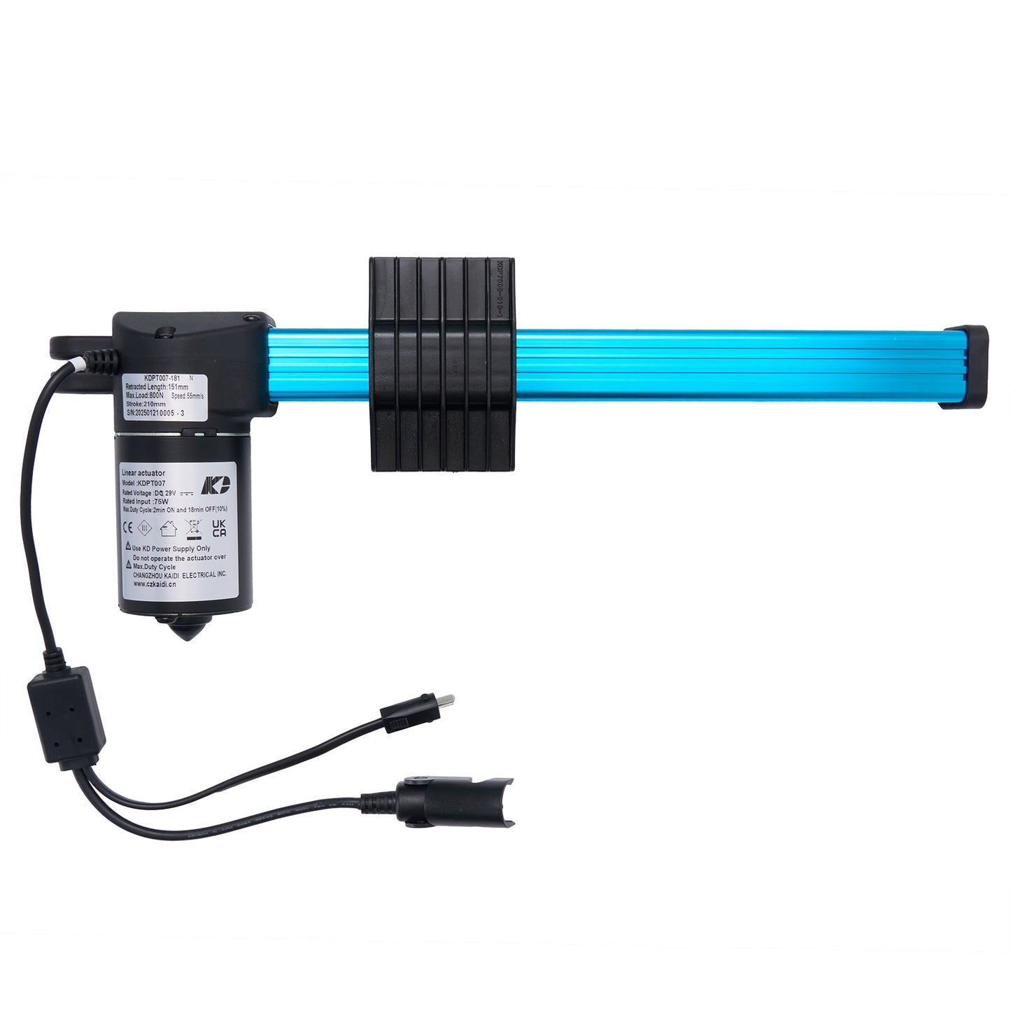 Black and blue LED light bar with power cable on a white background