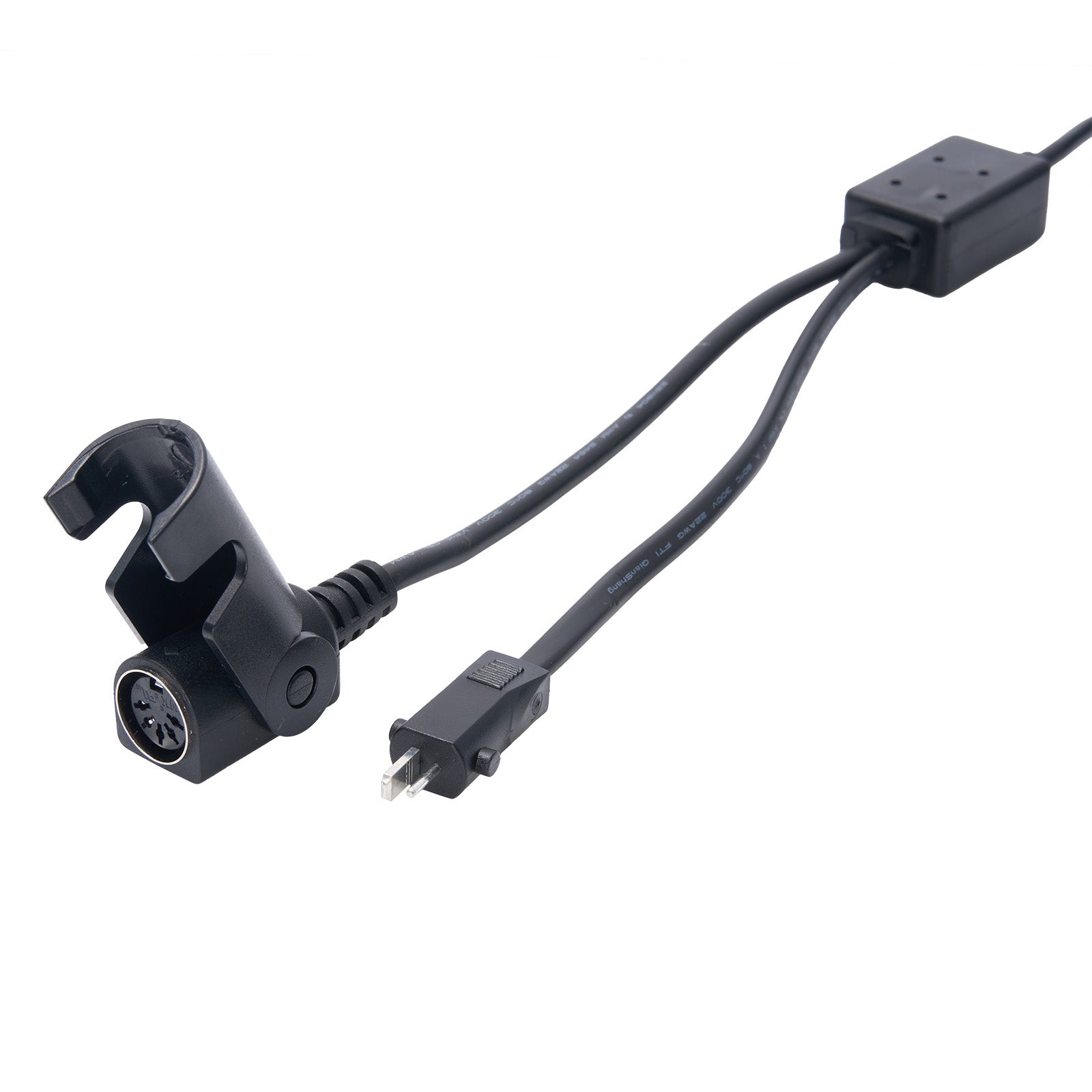 Black electrical connector with cable on a white background