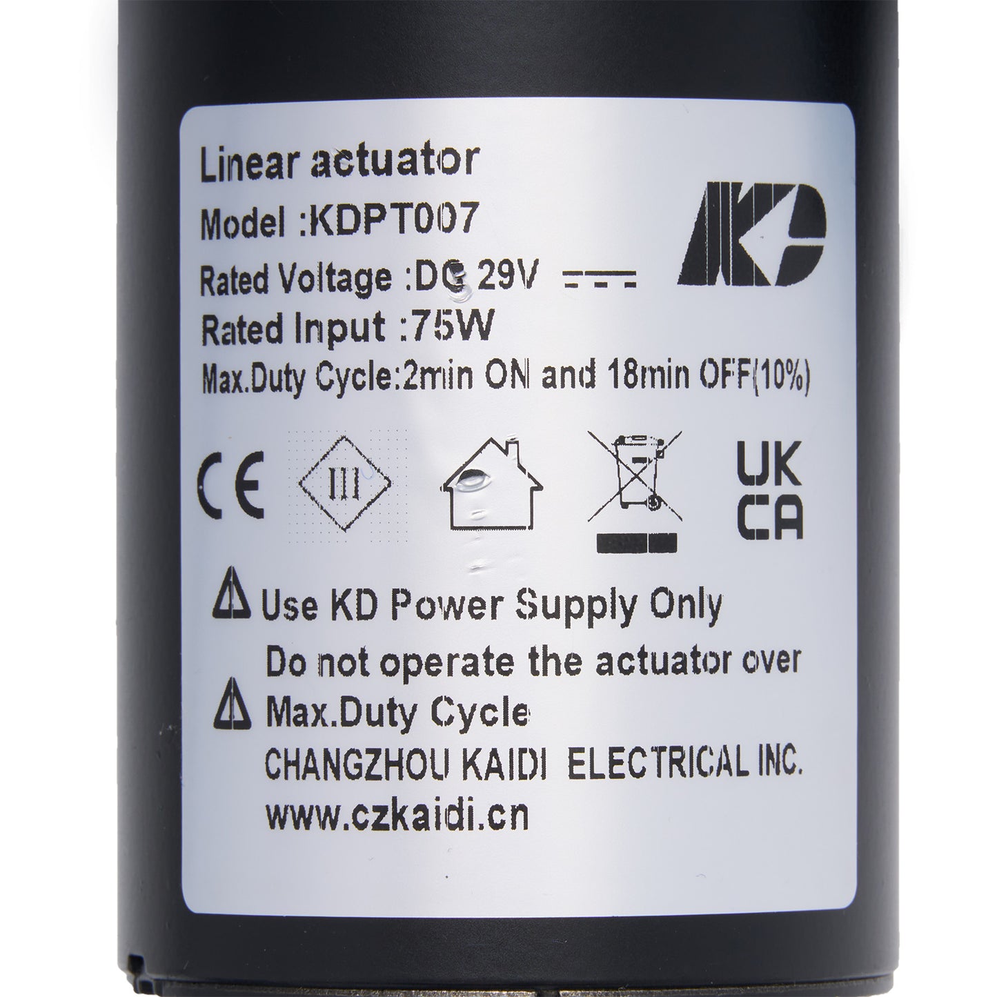 Linear actuator with specifications and branding on a white background