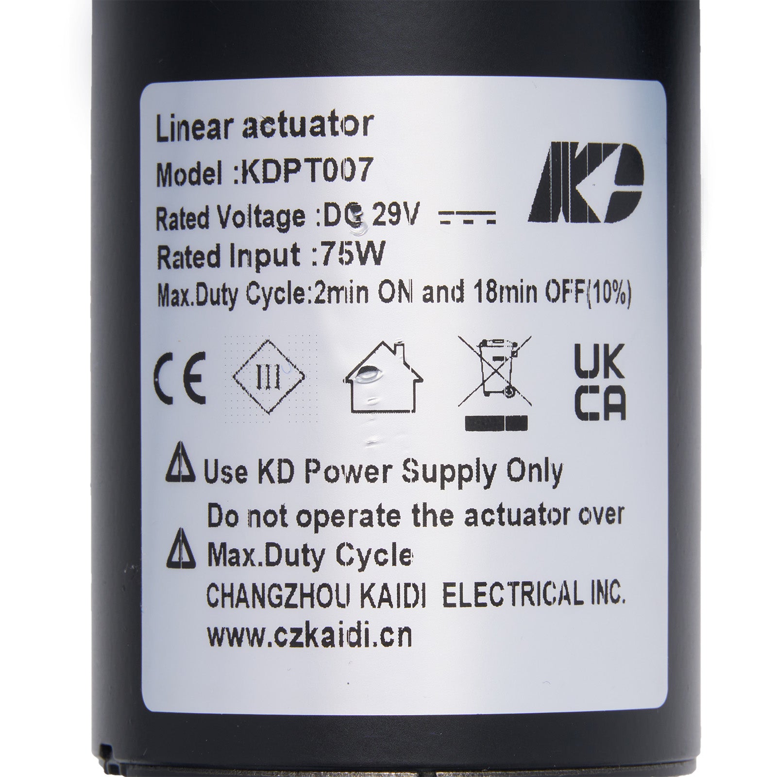 Linear actuator with specifications and branding on a white background