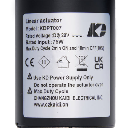 Linear actuator with specifications and branding on a white background