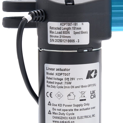 Linear actuator with specifications label on a white background