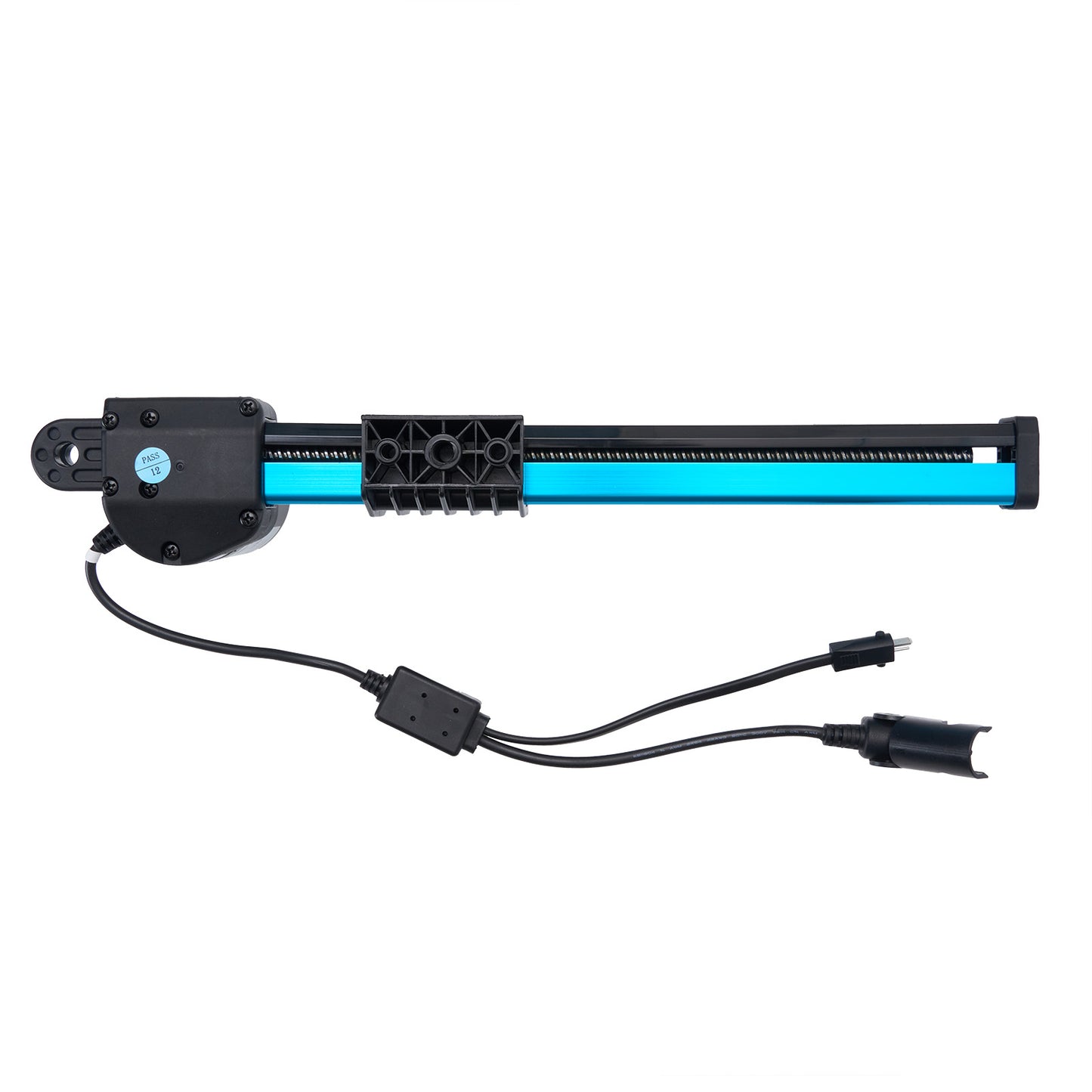 Electronic component with blue light bar and black casing on a white background
