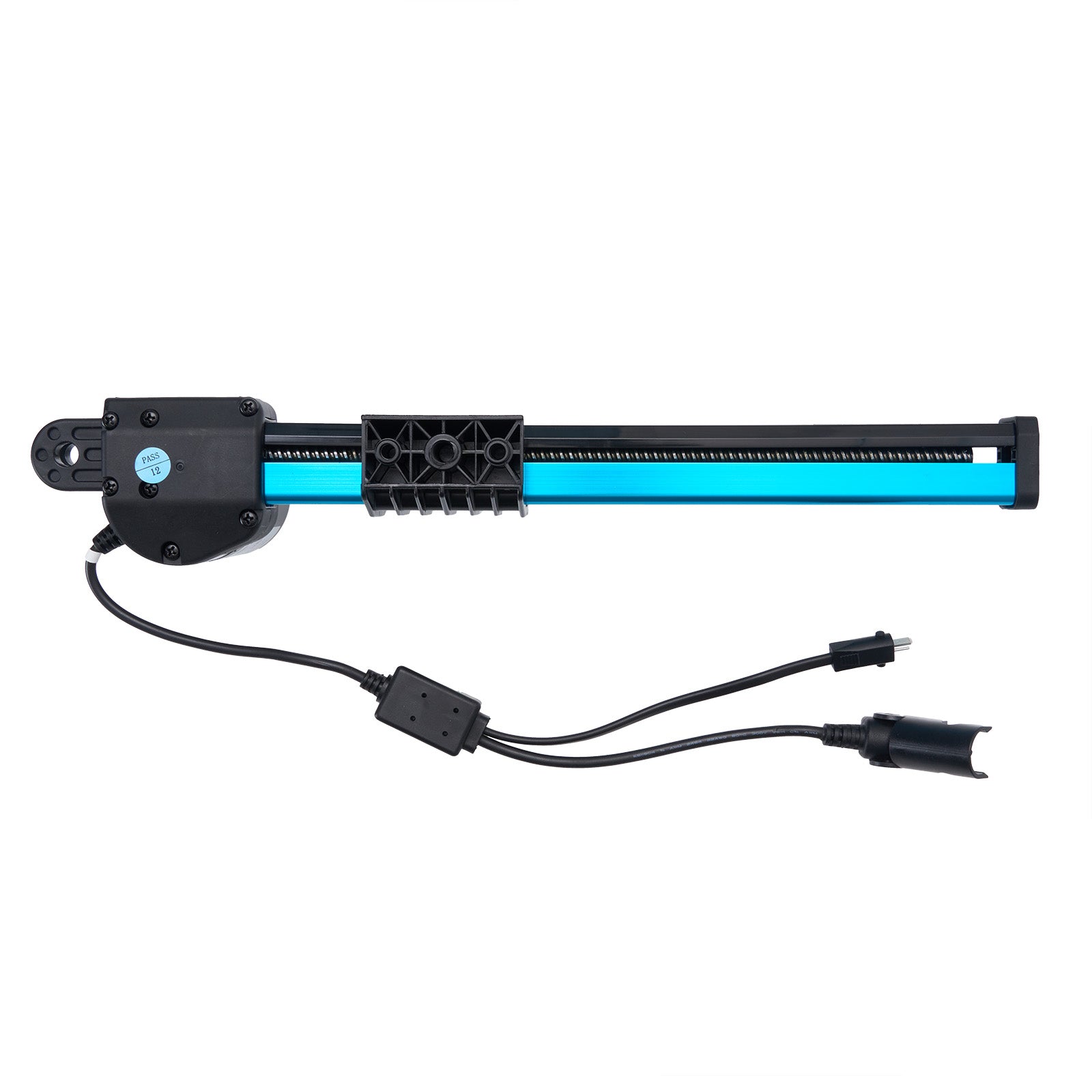 Electronic component with blue light bar and black casing on a white background