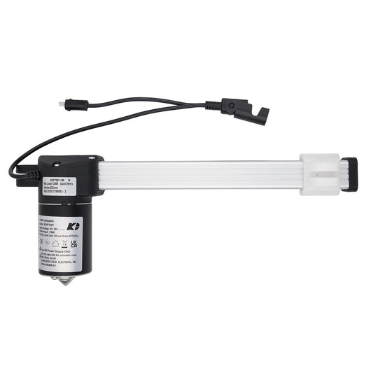Linear actuator with black housing and white shaft on a white background