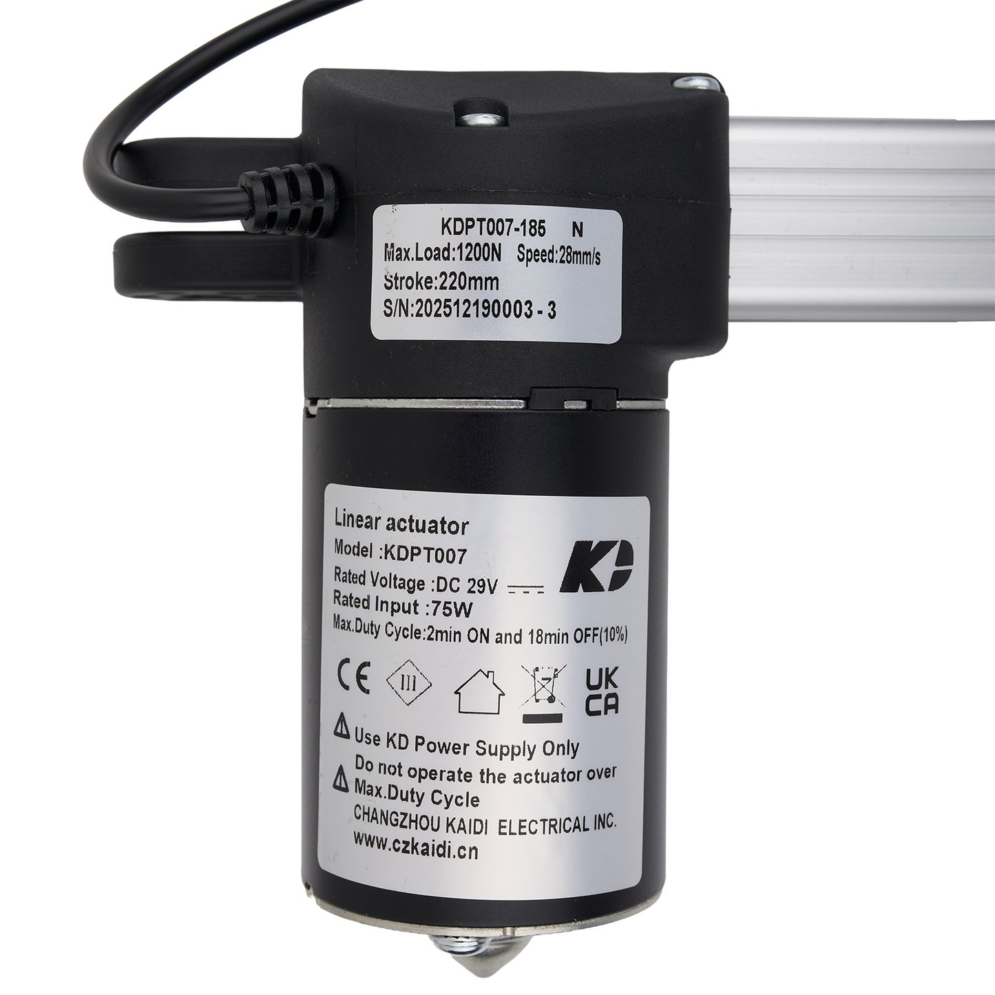 Linear actuator with visible branding and specifications on a white background