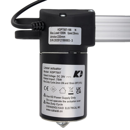 Linear actuator with visible branding and specifications on a white background