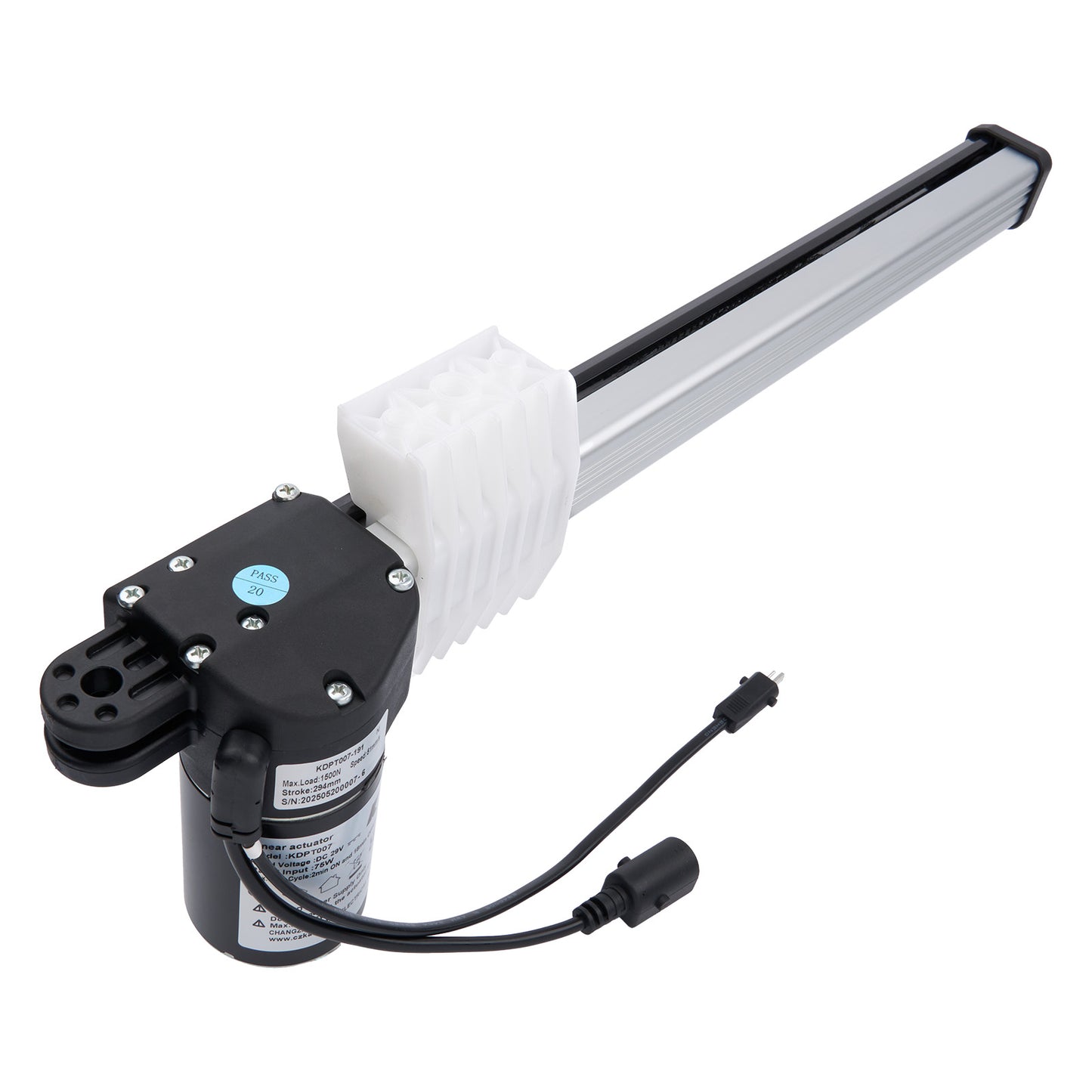 Pump with a black housing and white handle on a white background