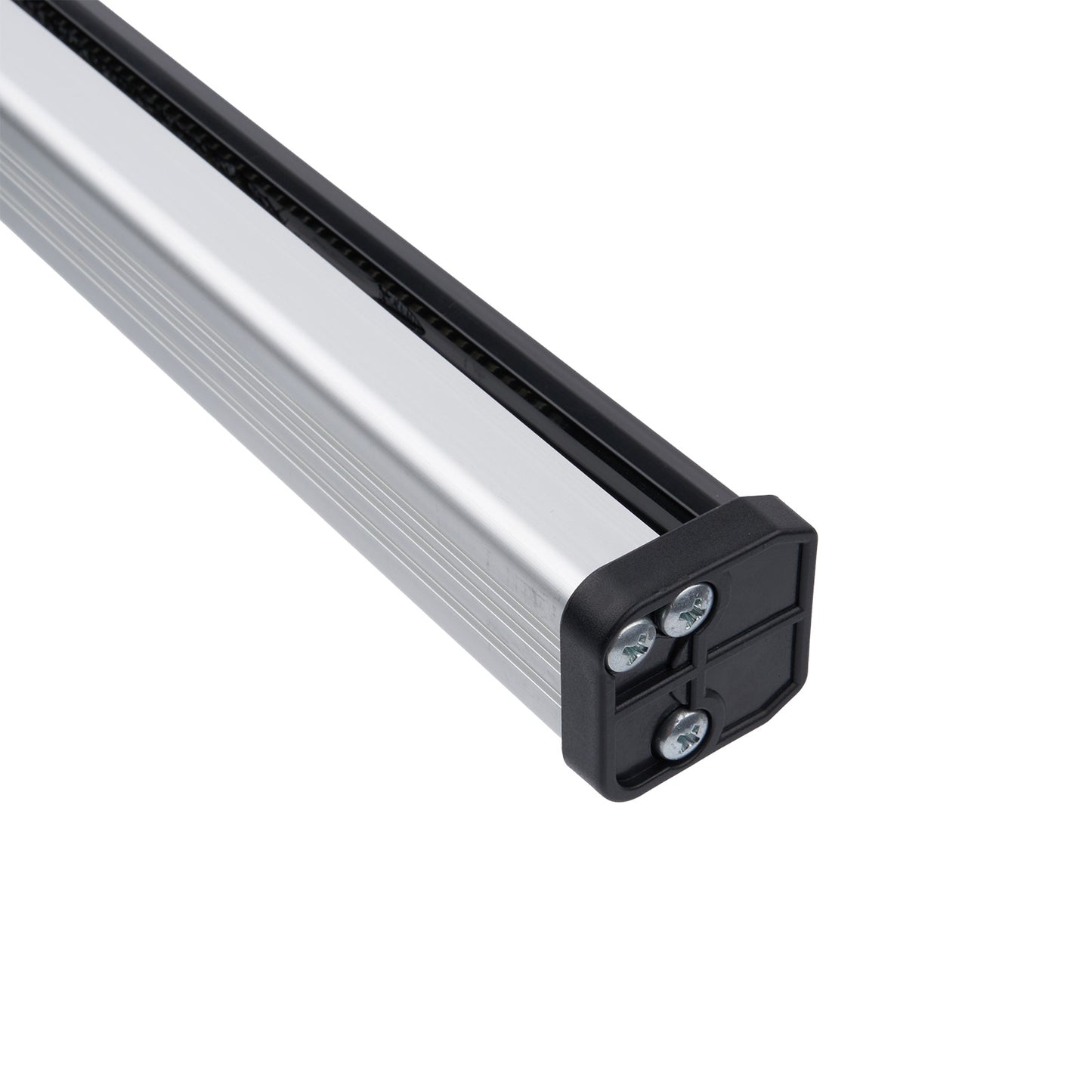 Aluminum track with black end cap on a white background