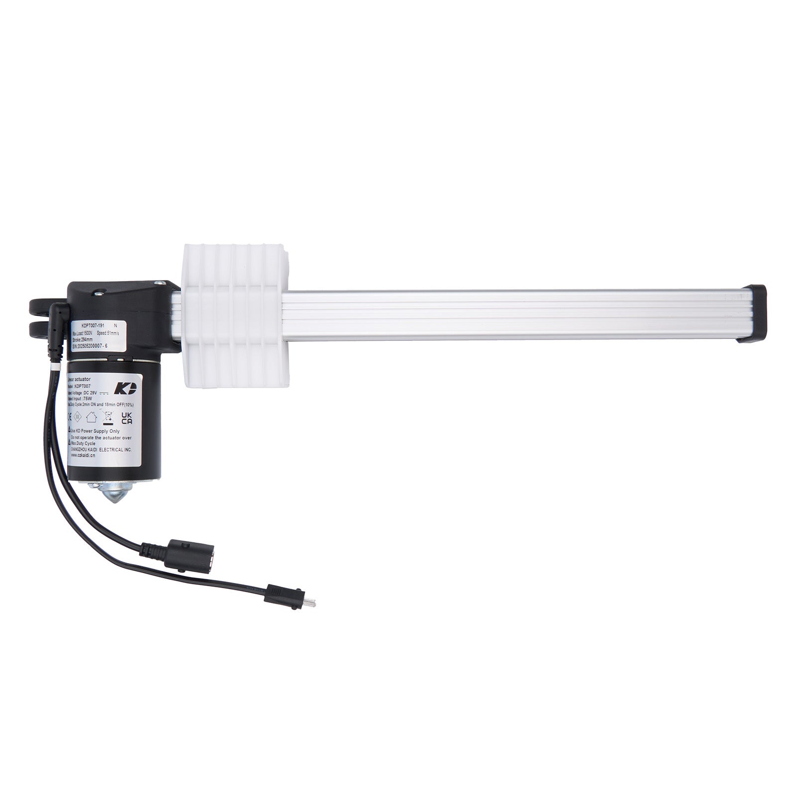 Mechanical component with a black housing and white shaft on a white background