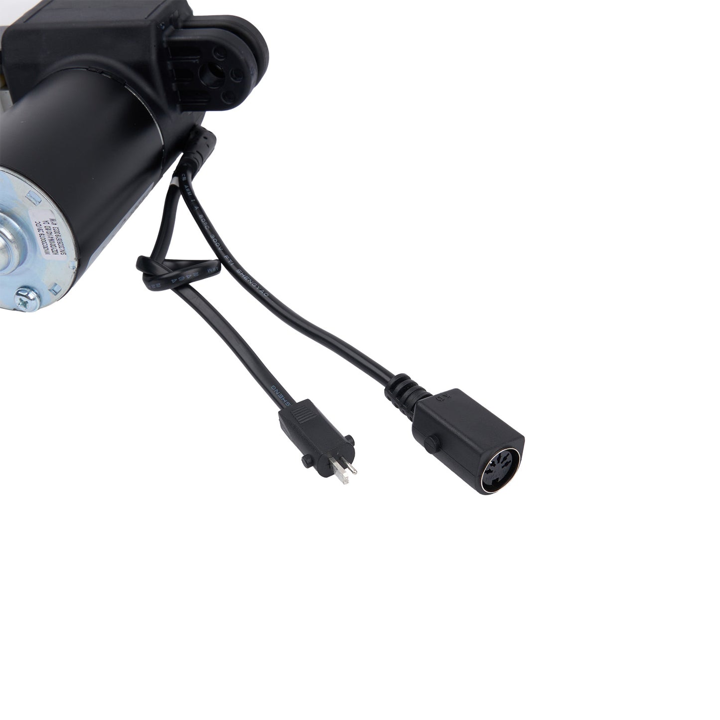 Black camera with power cable on a white background