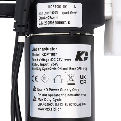 Linear actuator with specifications label on a white background