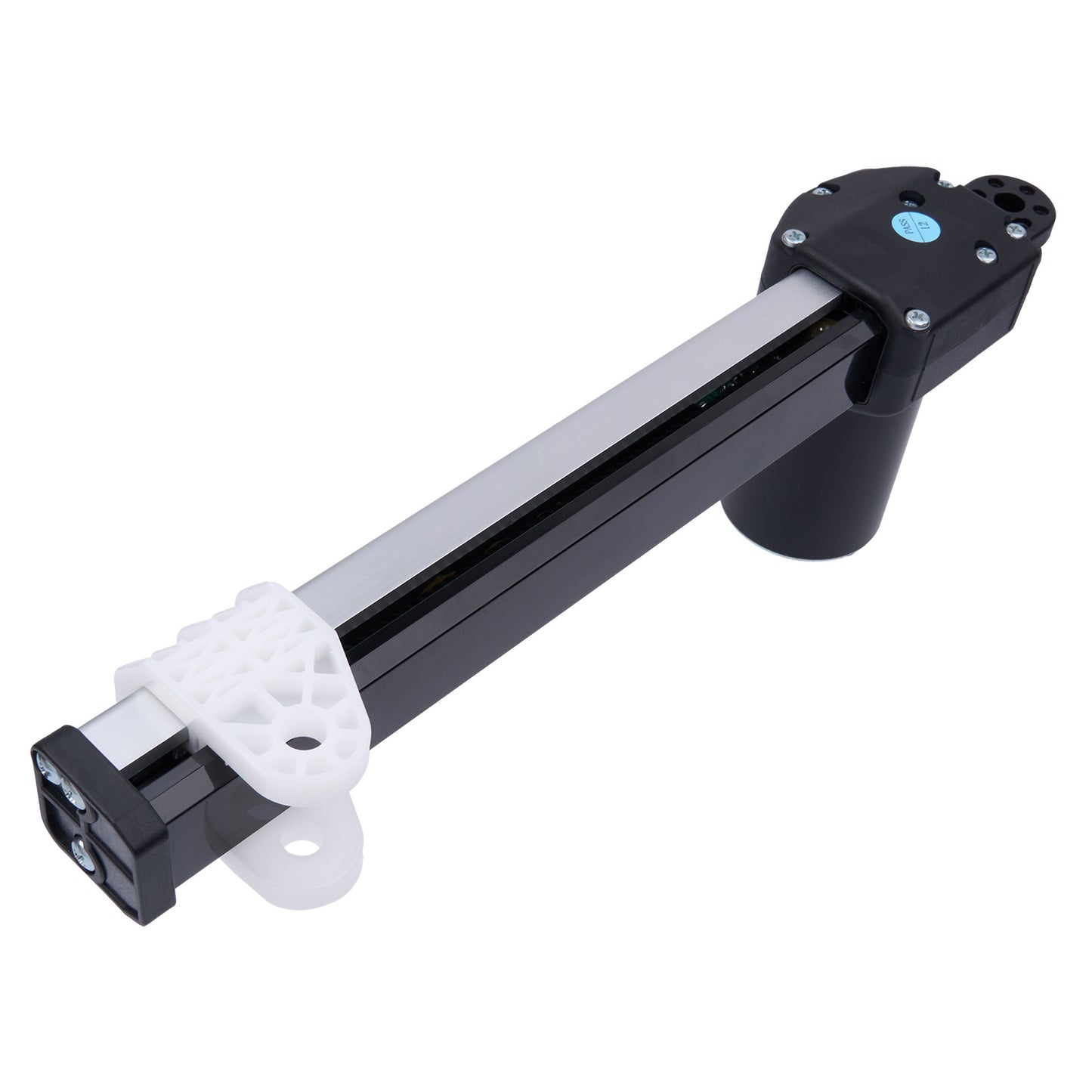 Mechanical arm with a black and white design on a white background