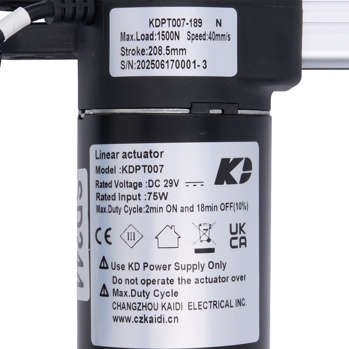 Linear actuator with specifications and branding on a white background