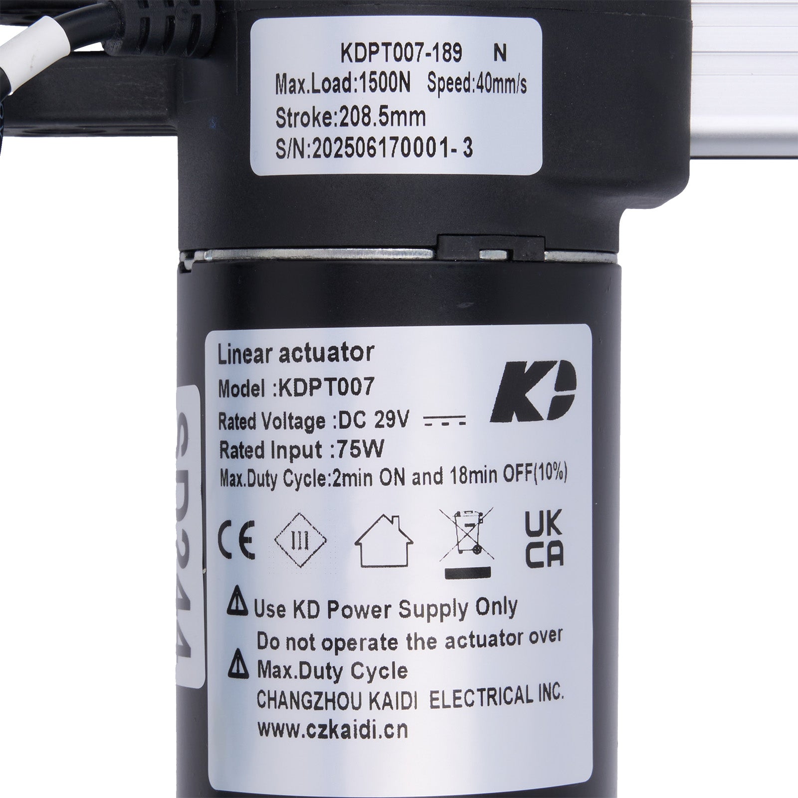 Linear actuator with specifications and branding on a white background