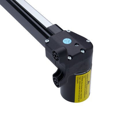 Black metal rod with cylindrical connector and warning label on a white background