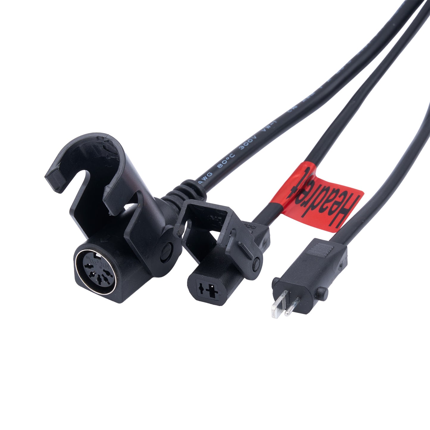 Black audio cable with various connectors on a white background