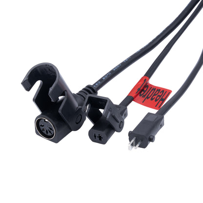 Black audio cable with various connectors on a white background
