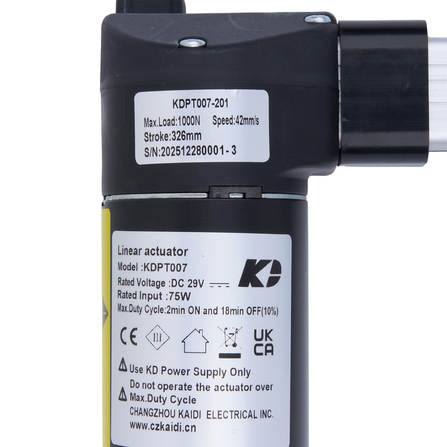Linear actuator with label and specifications on a white background