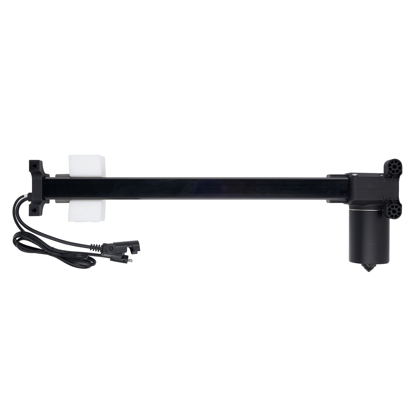 Black metal rod with a white cylindrical object on a white background