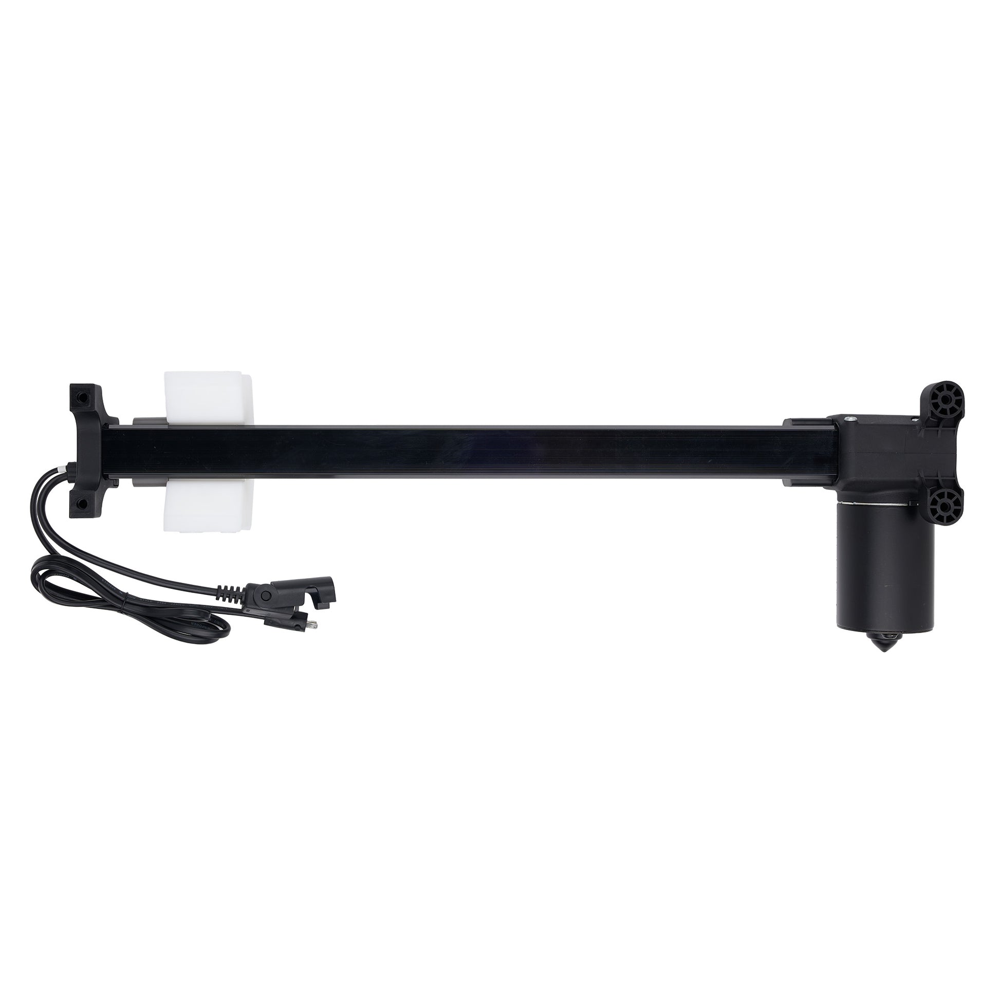 Black metal rod with a white cylindrical object on a white background