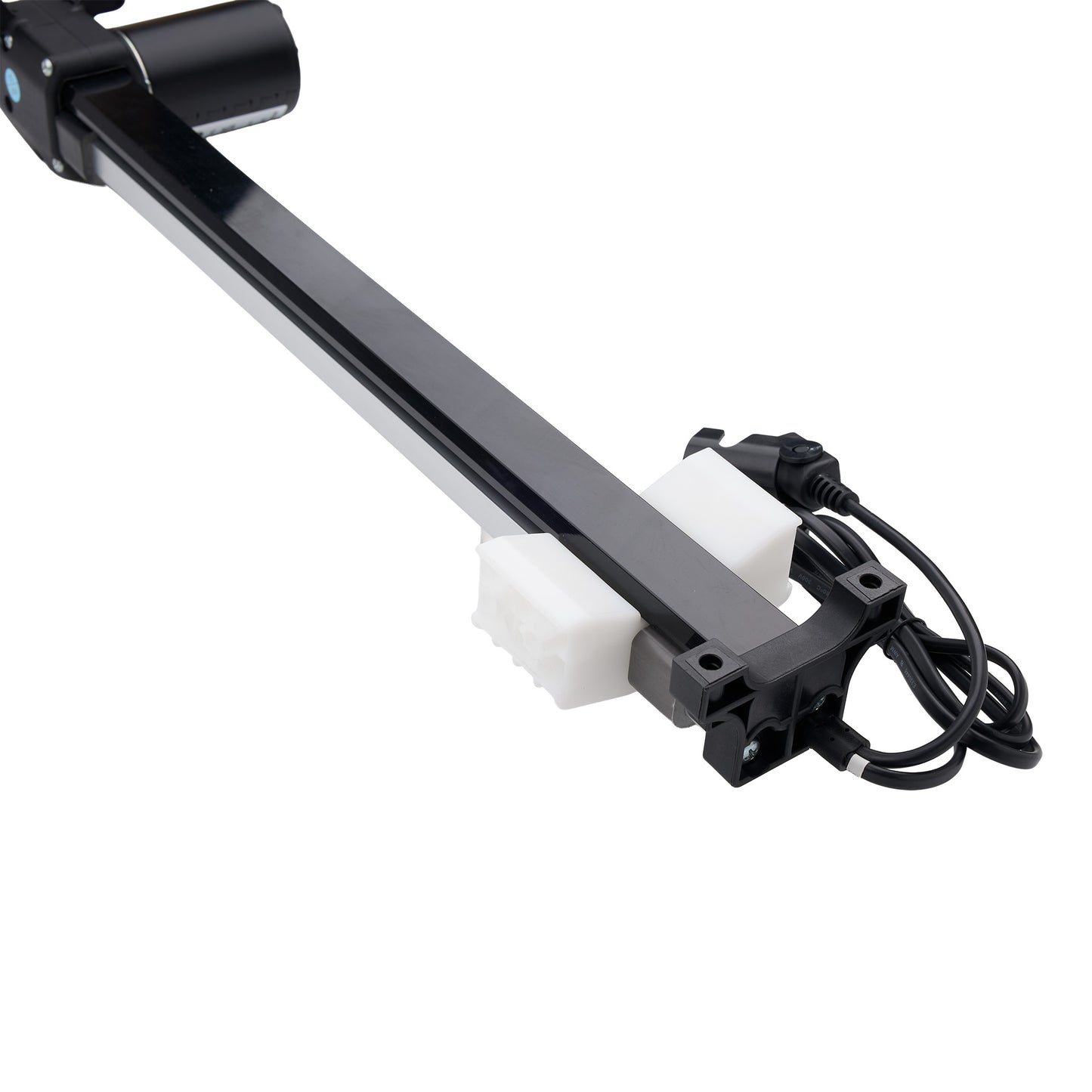 Mechanical arm with a white block and black cable on a white background