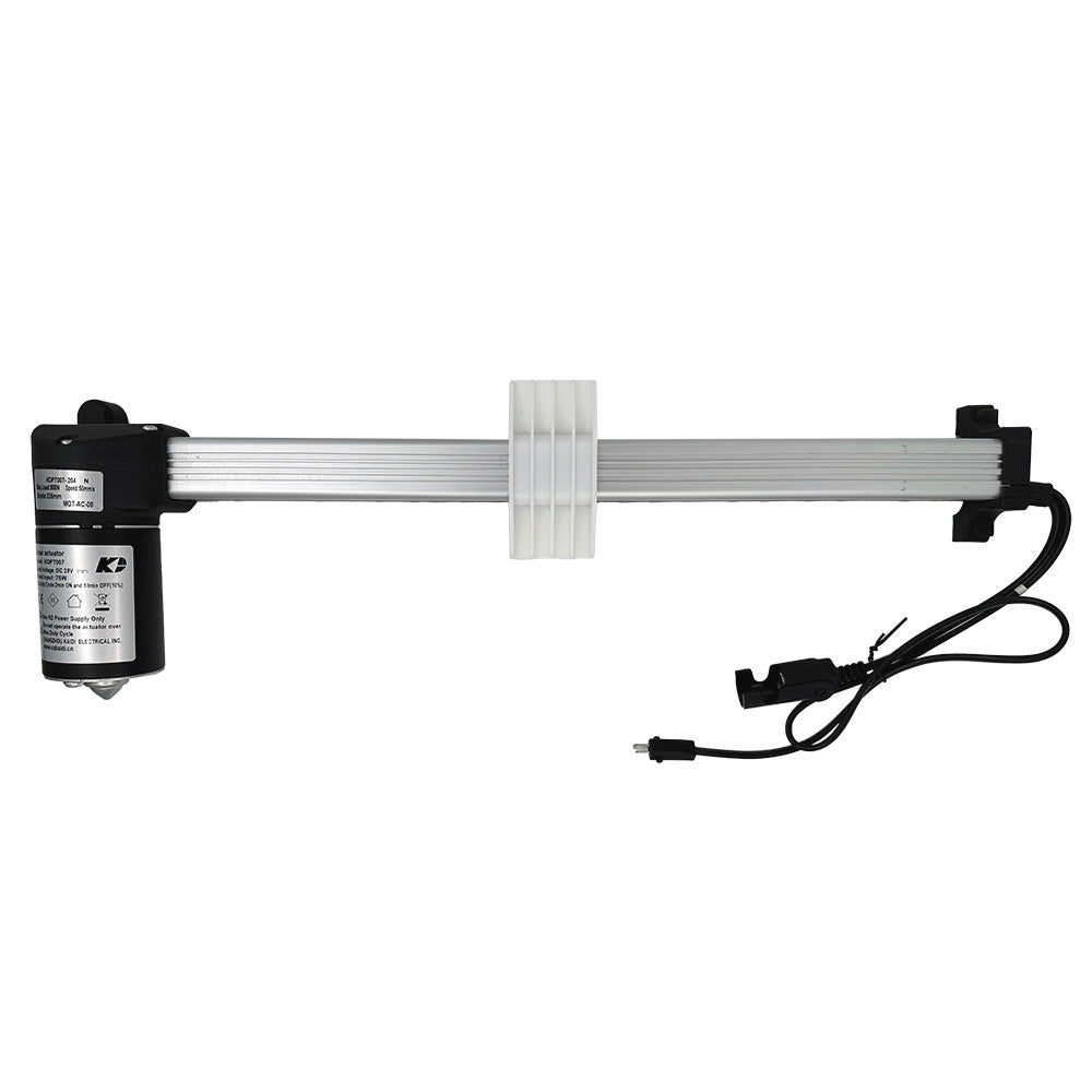 A Kaidi KDPT007-204 N linear actuator, with a silver metal shaft and black motor housing, along with attached cables and plugs.
