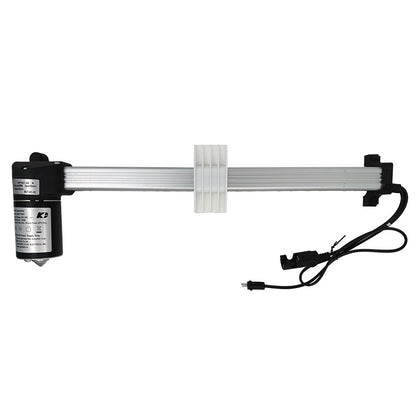 A Kaidi KDPT007-204 N linear actuator, with a silver metal shaft and black motor housing, along with attached cables and plugs.