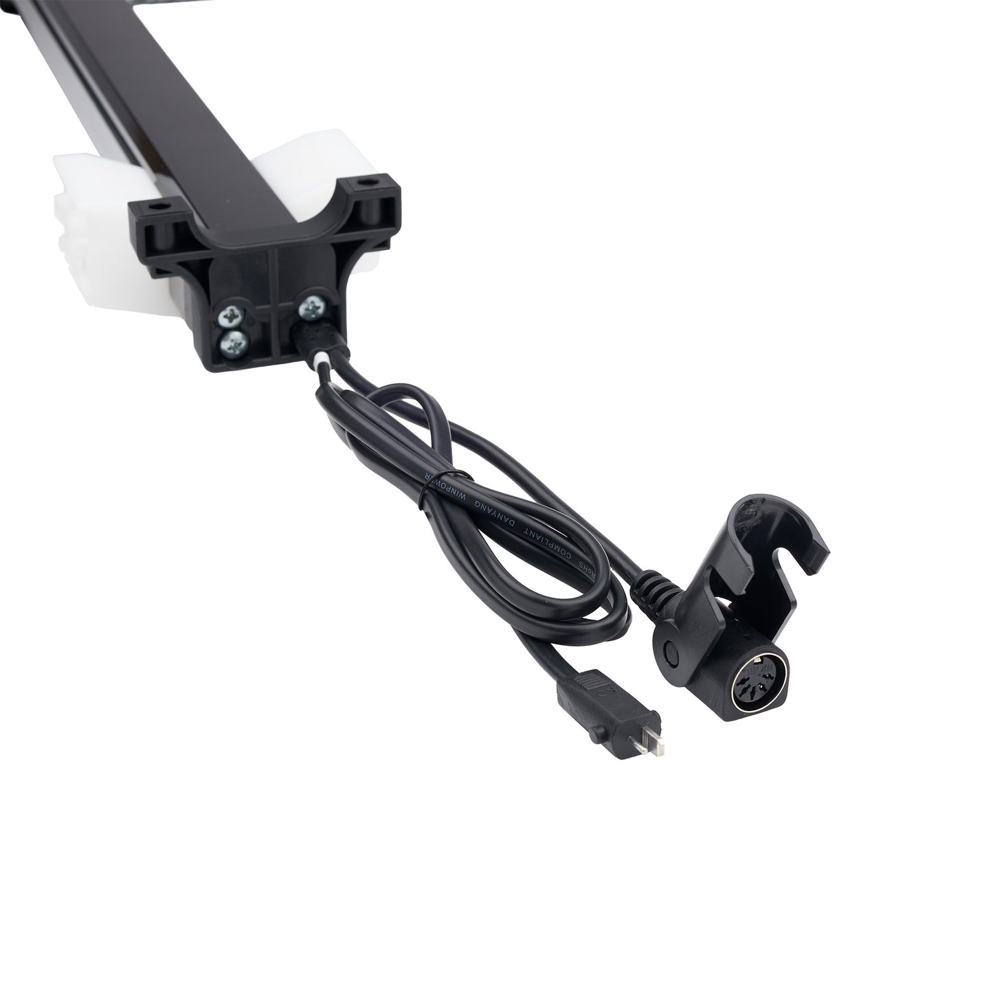 Black camera mount with cable on a white background