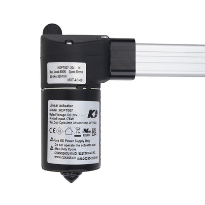 Linear actuator with visible branding and specifications on a white background